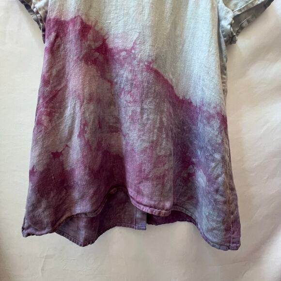 FLAX Tie Dye 100% Linen Women's Beachy Look Top Sz P Back Buttons Short Sleeve - Picture 3 of 9